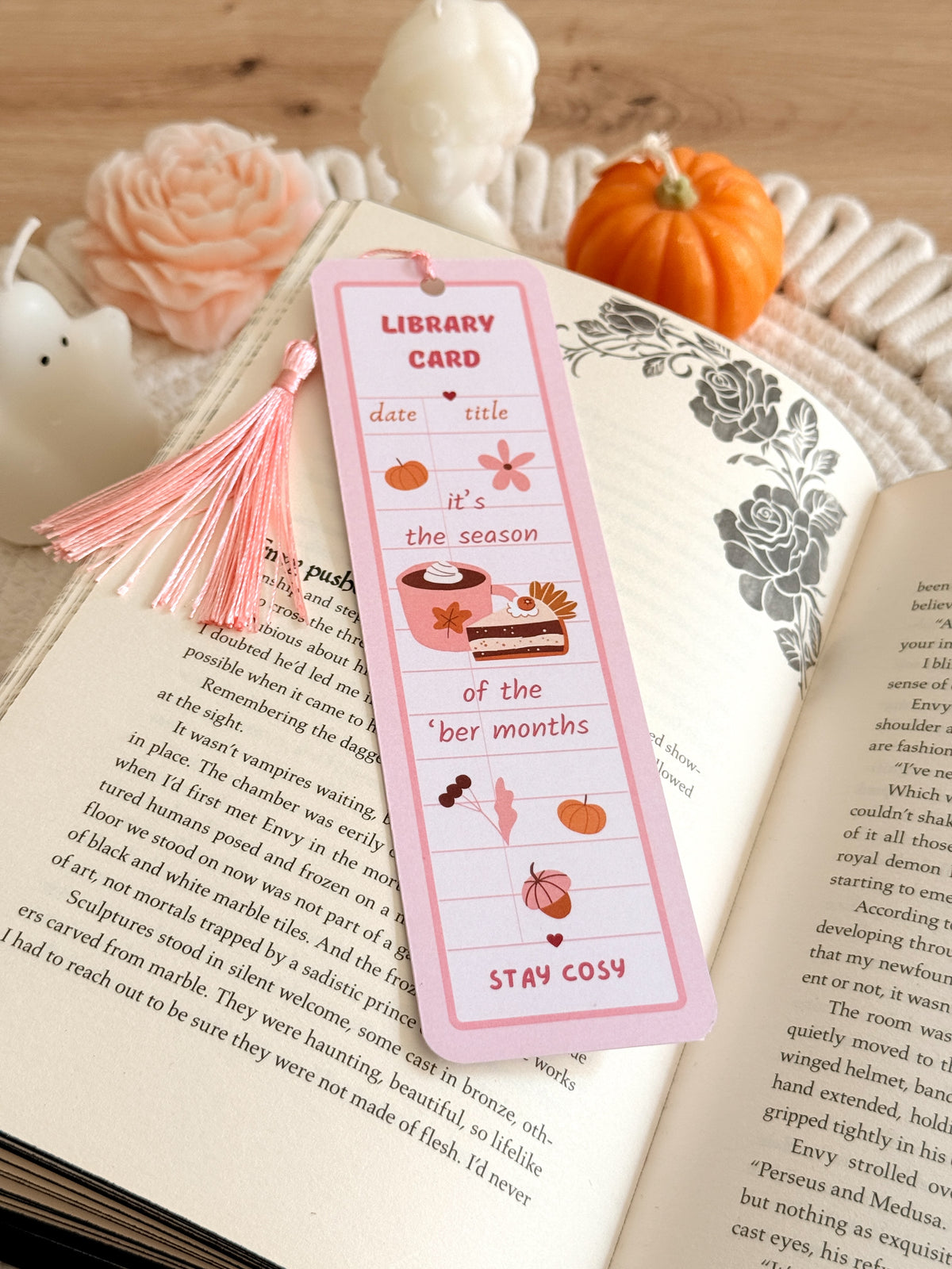 Pumpkin Spice Library Card Bookmark with Tassel
