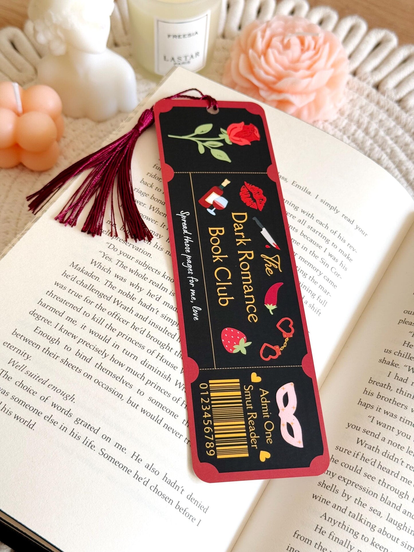 Dark Romance Book Club Ticket Bookmark with Tassel
