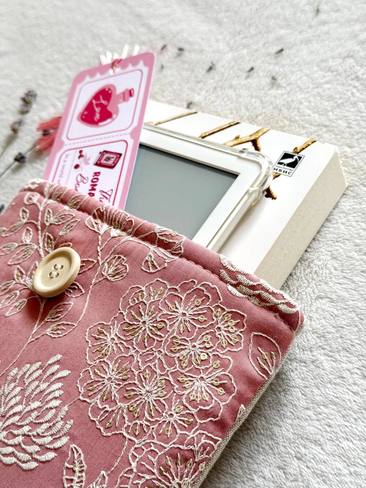 Embroidered Dark Pink Delphinium Book Sleeve