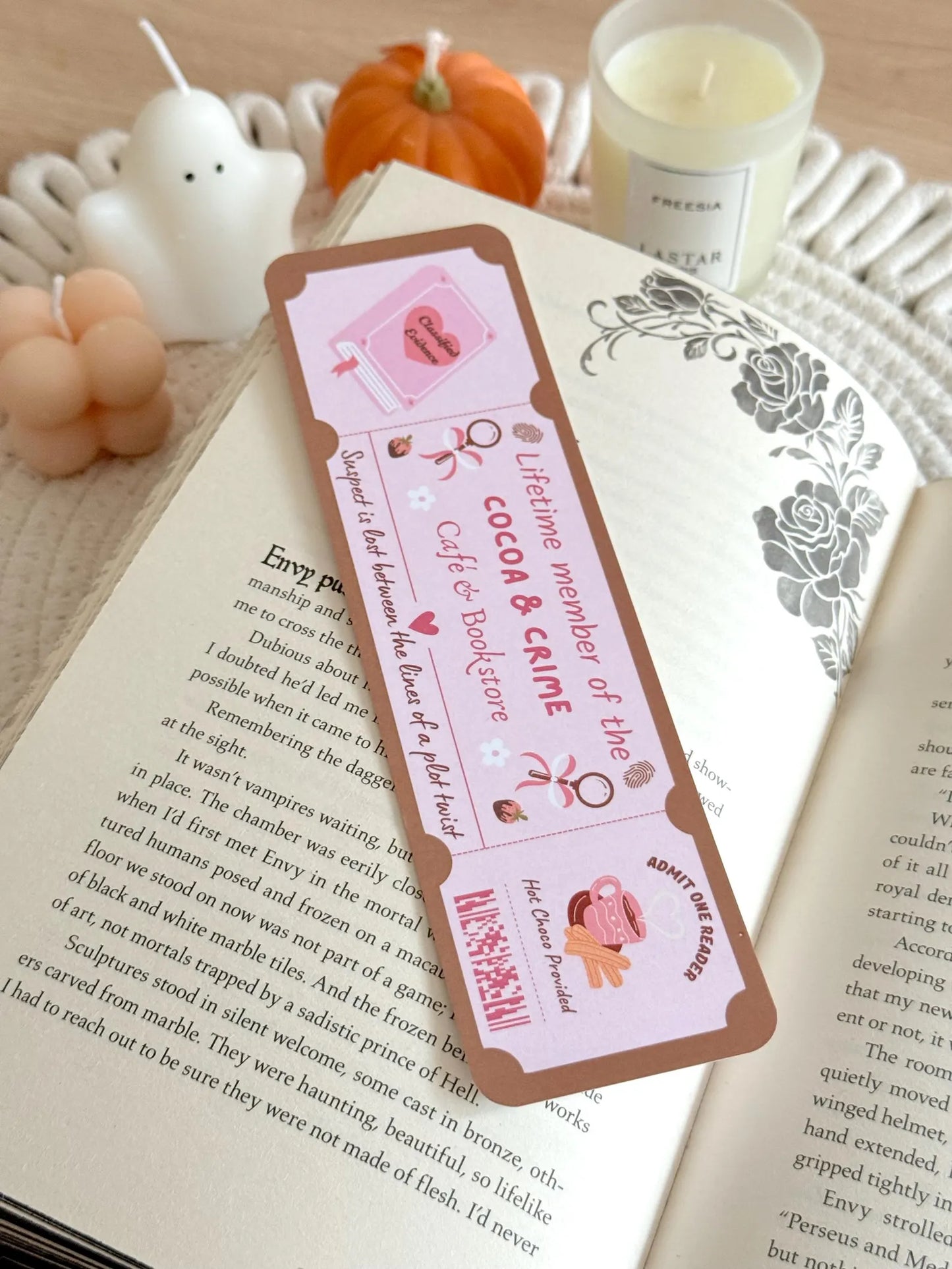Cocoa and Crime Book Club Ticket Bookmark with Tassel