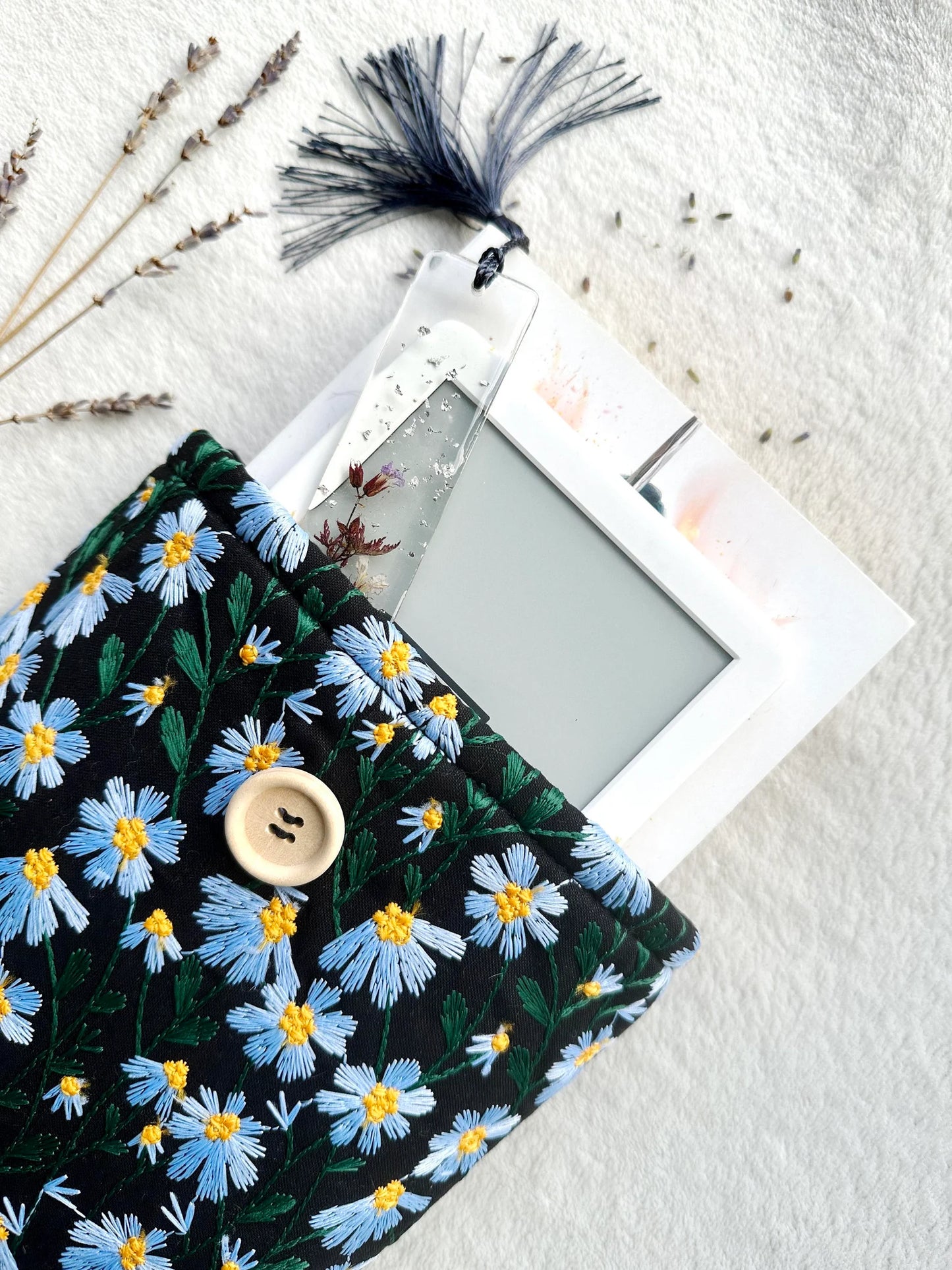 Embroidered Black and Blue Daisy Book Sleeve