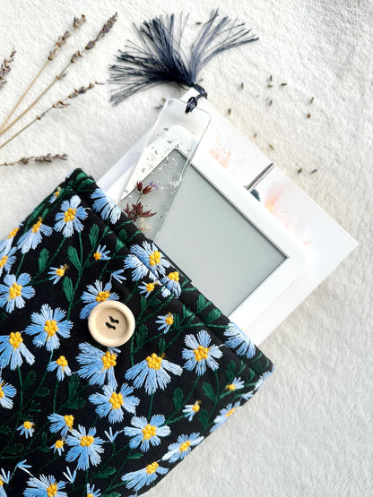 Embroidered Black and Blue Daisy Book Sleeve