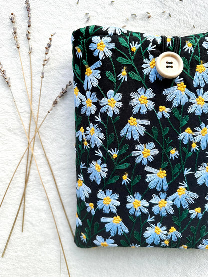 Embroidered Black and Blue Daisy Book Sleeve