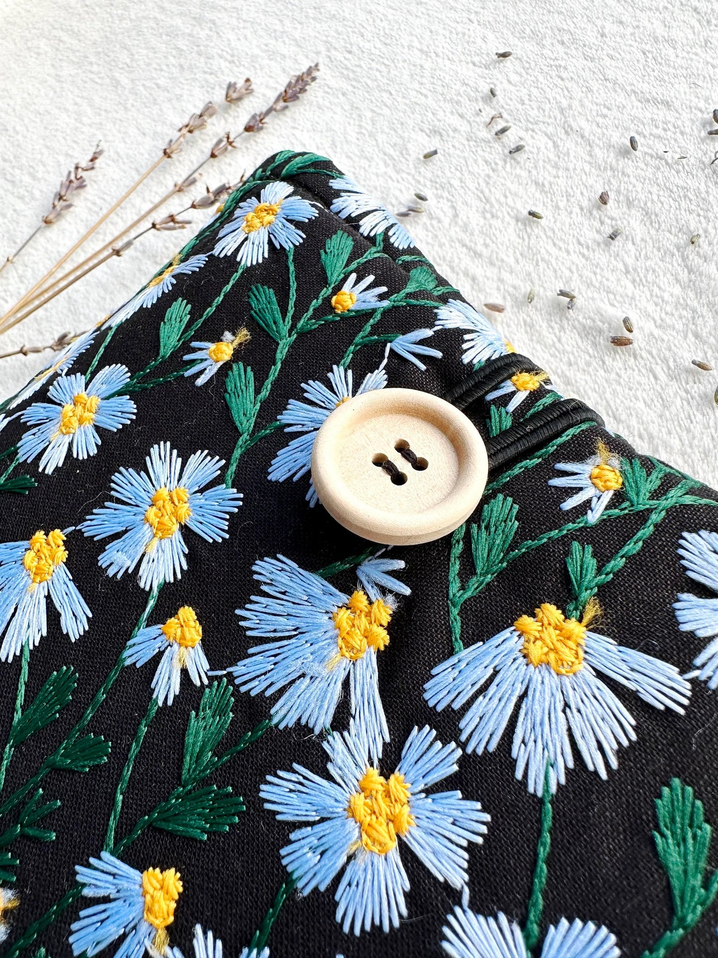 Embroidered Black and Blue Daisy Book Sleeve