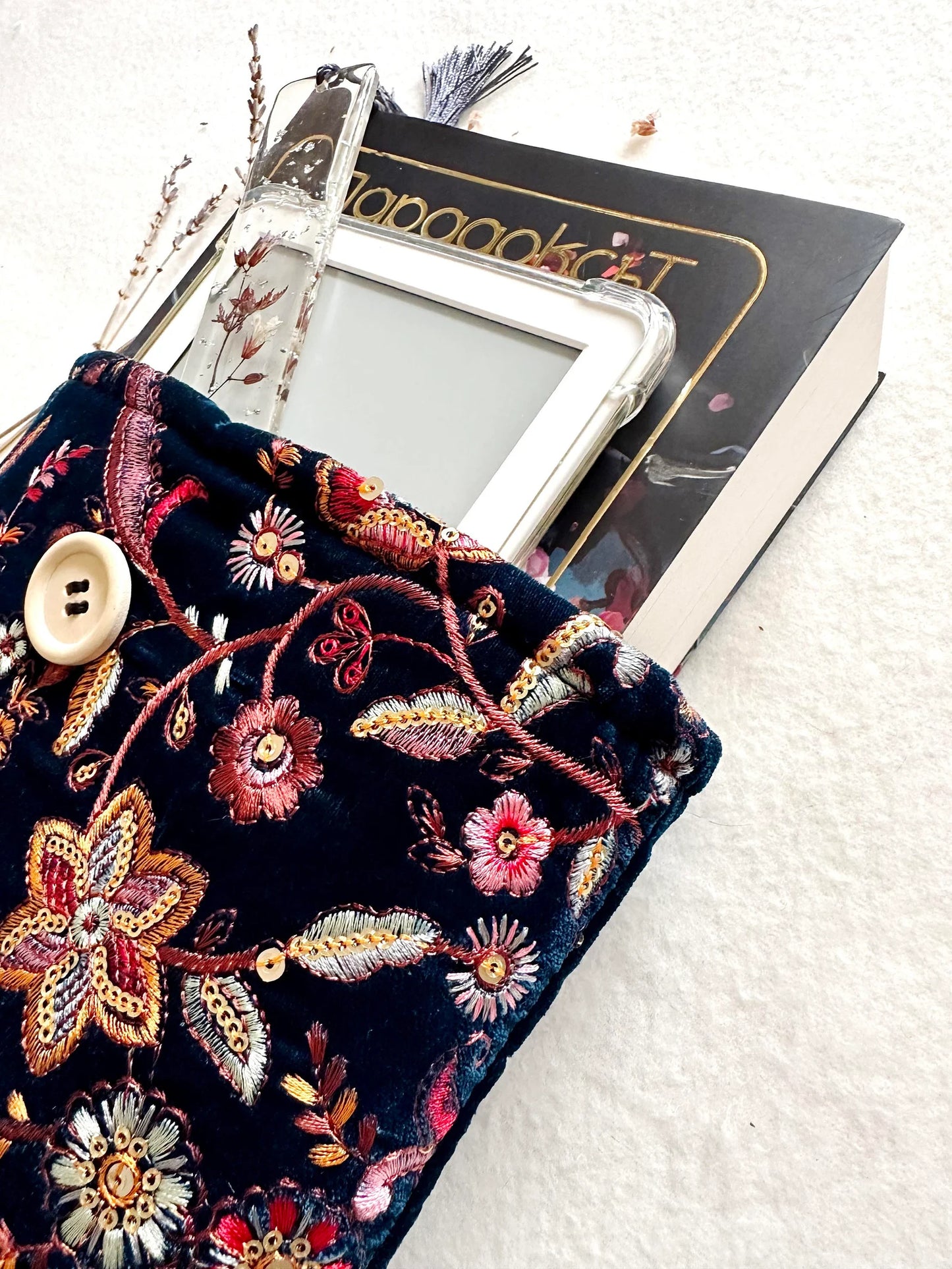 Embroidered Navy Floral Book Sleeve