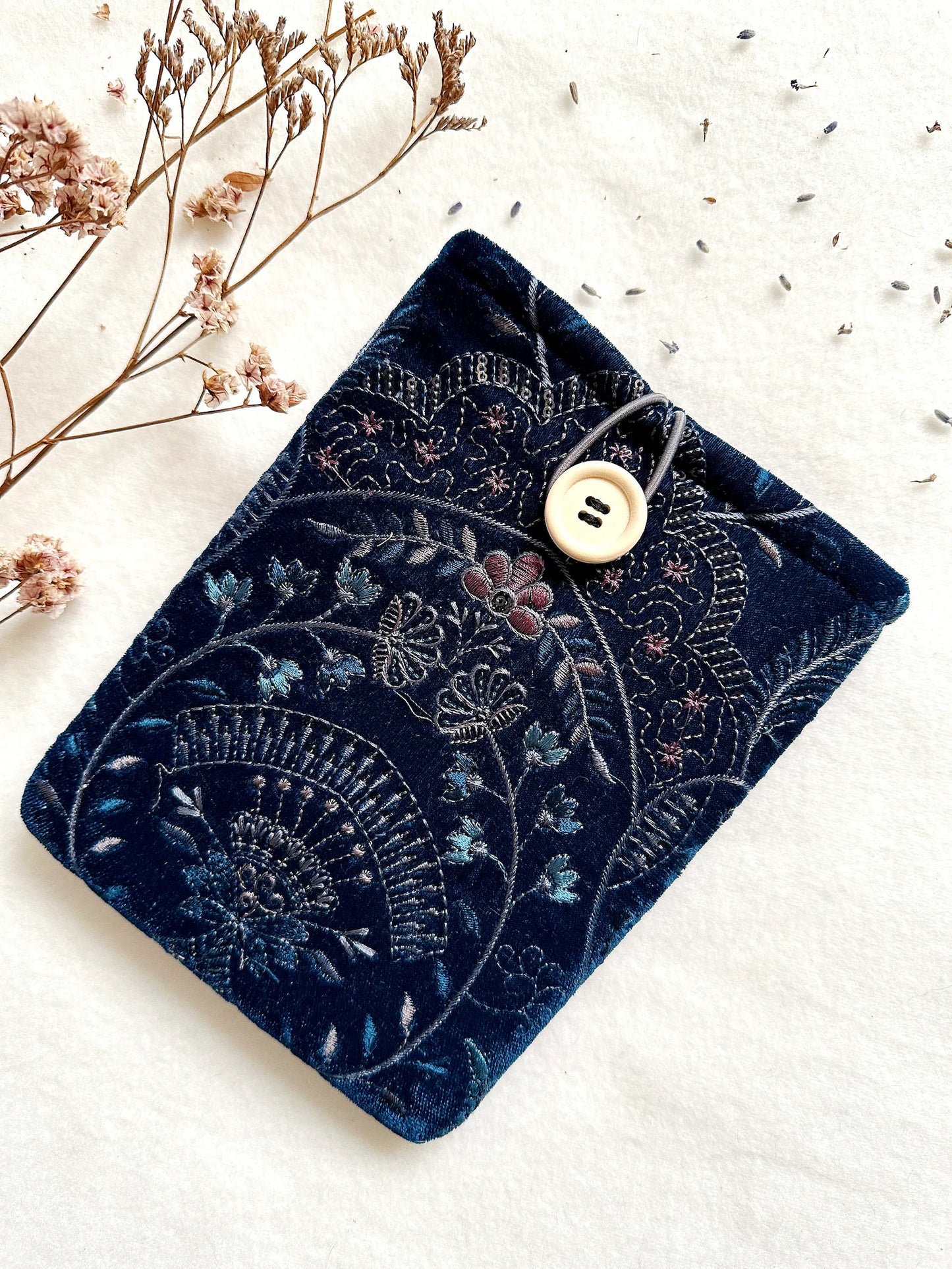 Embroidered Navy Floral E-Reader Sleeve