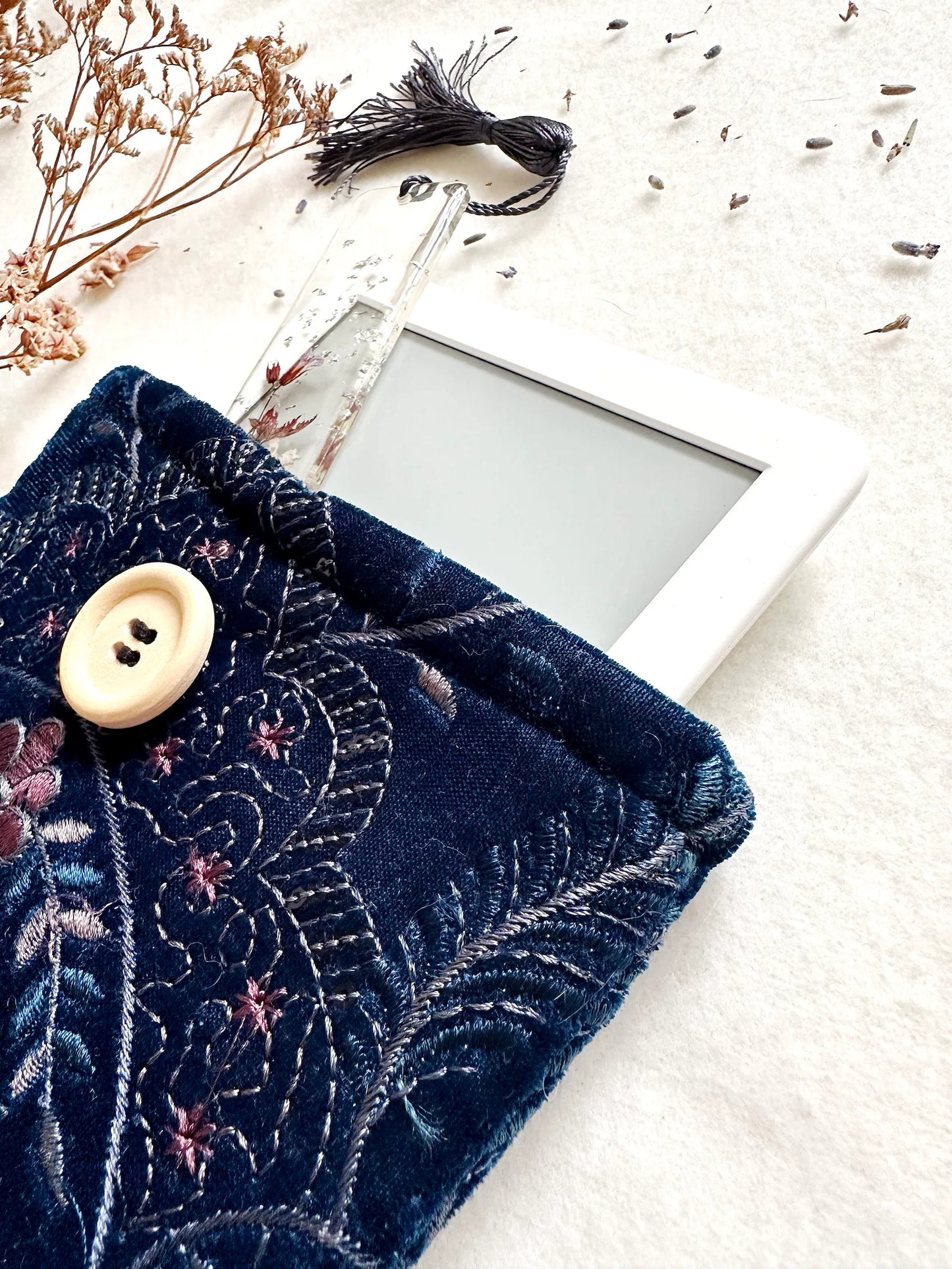 Embroidered Navy Floral E-Reader Sleeve