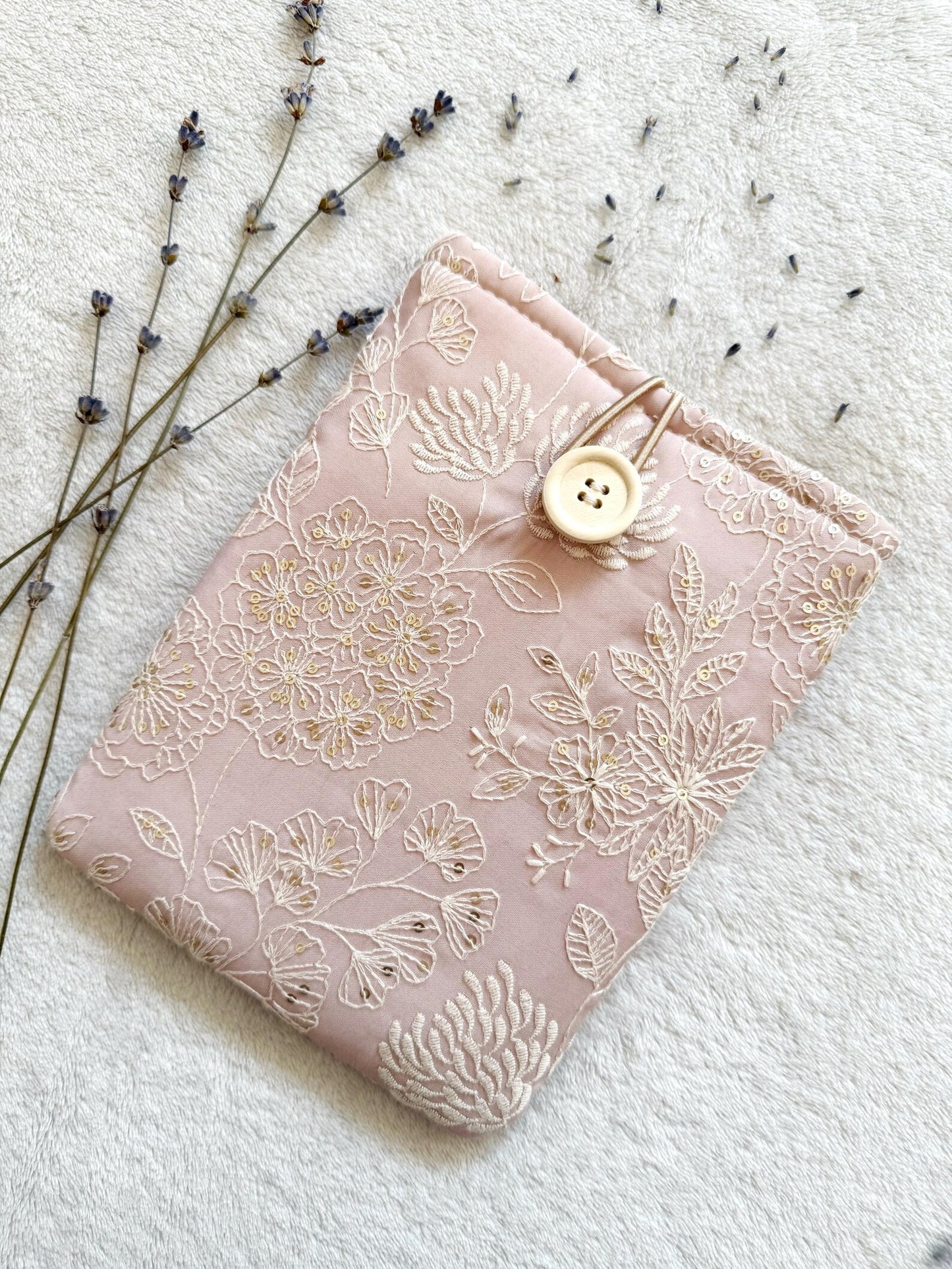 Embroidered Pink Delphinium E-Reader Sleeve