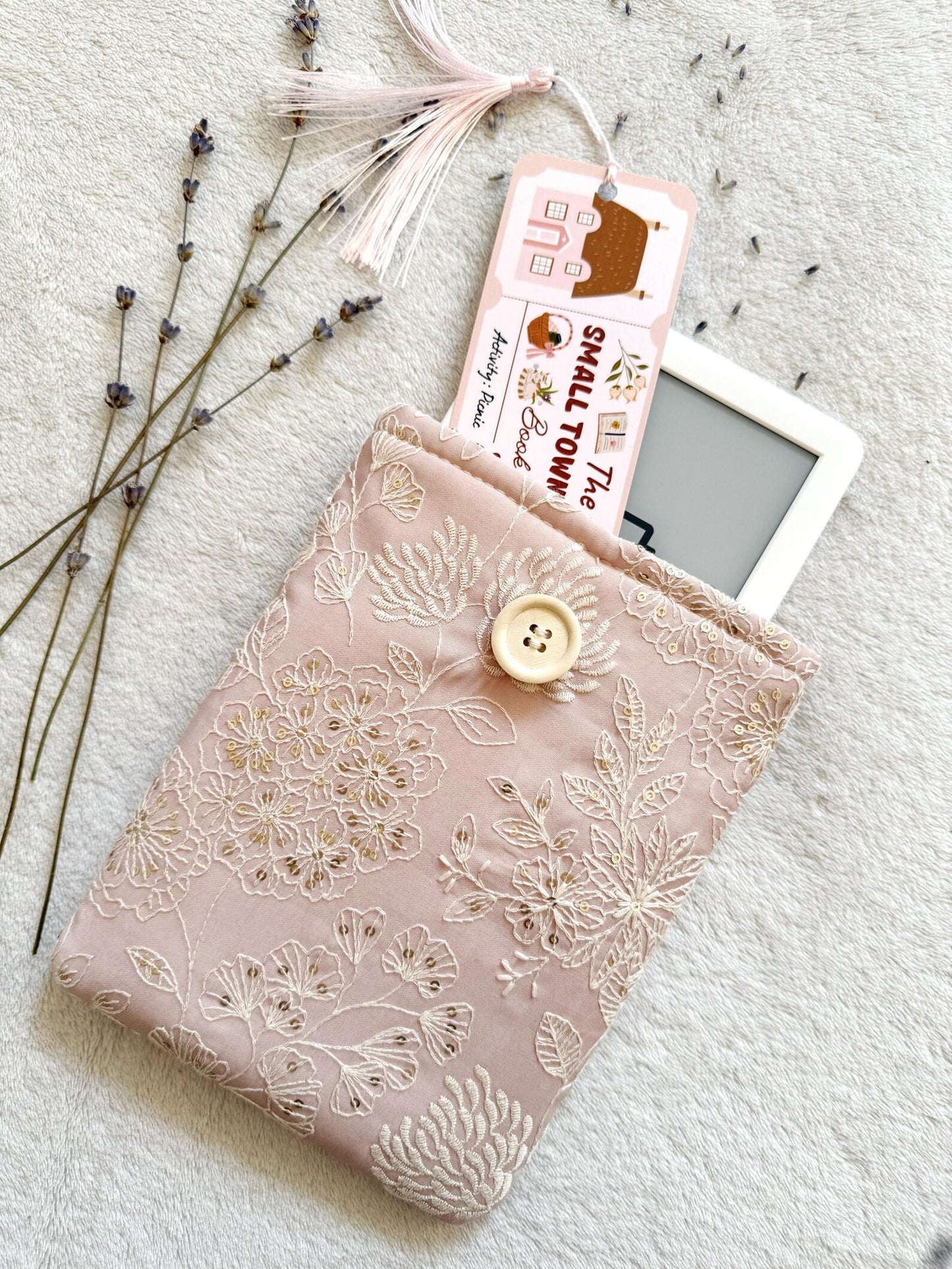 Embroidered Pink Delphinium E-Reader Sleeve