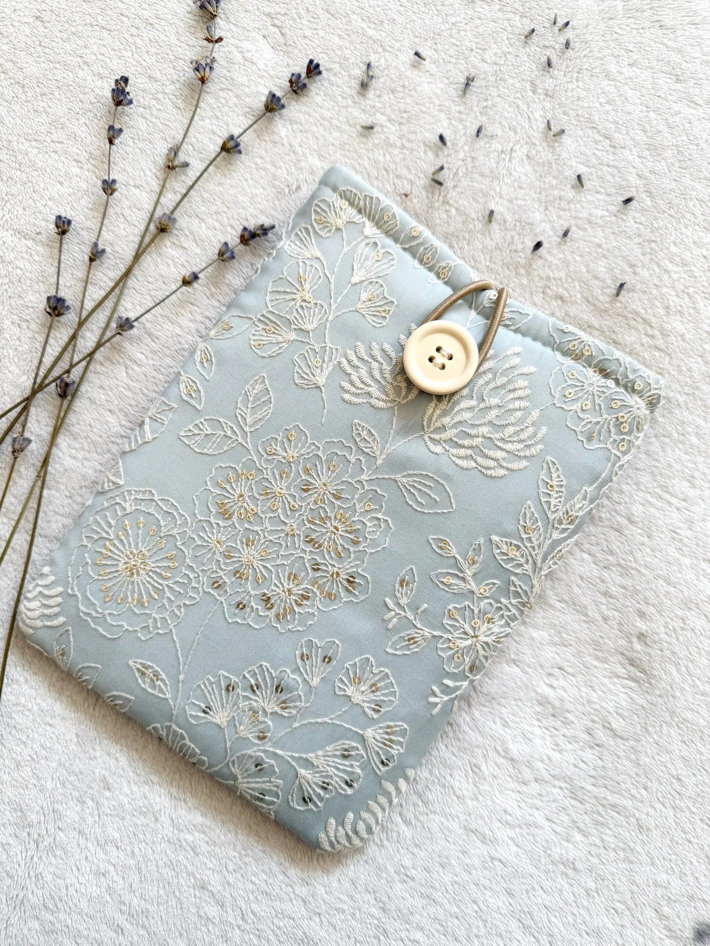 Embroidered Blue Delphinium E-Reader Sleeve