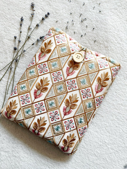Embroidered White Gold Book Sleeve