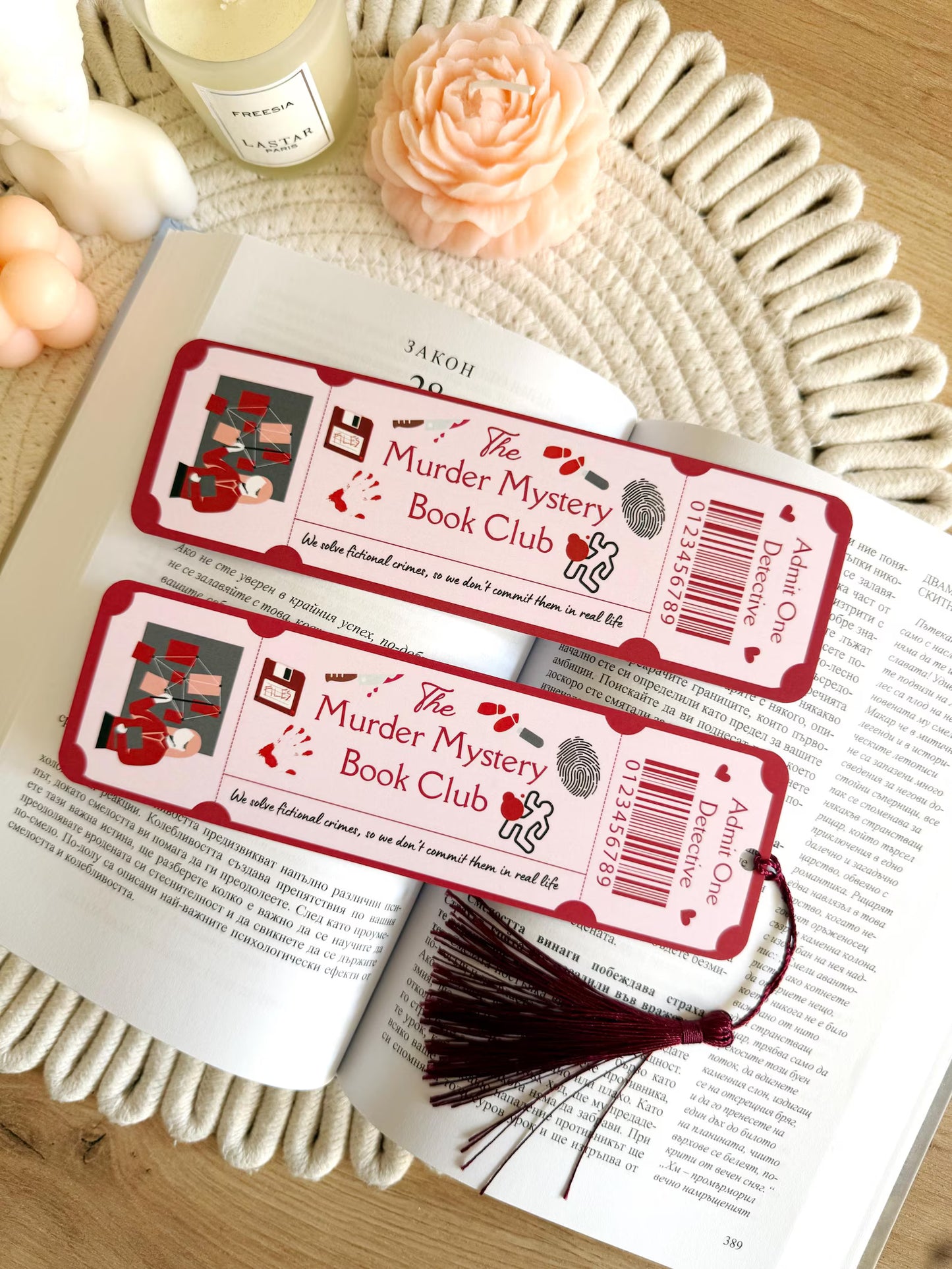 Murder Mystery Book Club Ticket Bookmark with Tassel