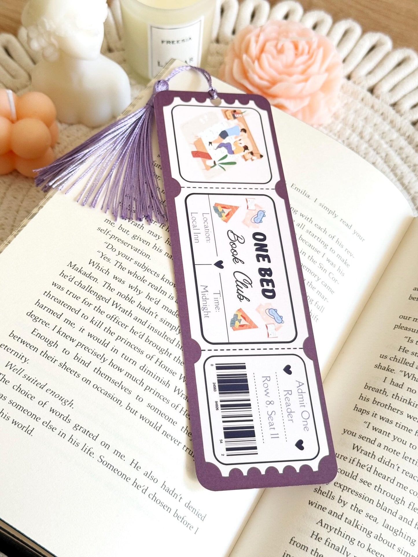 One Bed Book Club Ticket Bookmark with Tassel