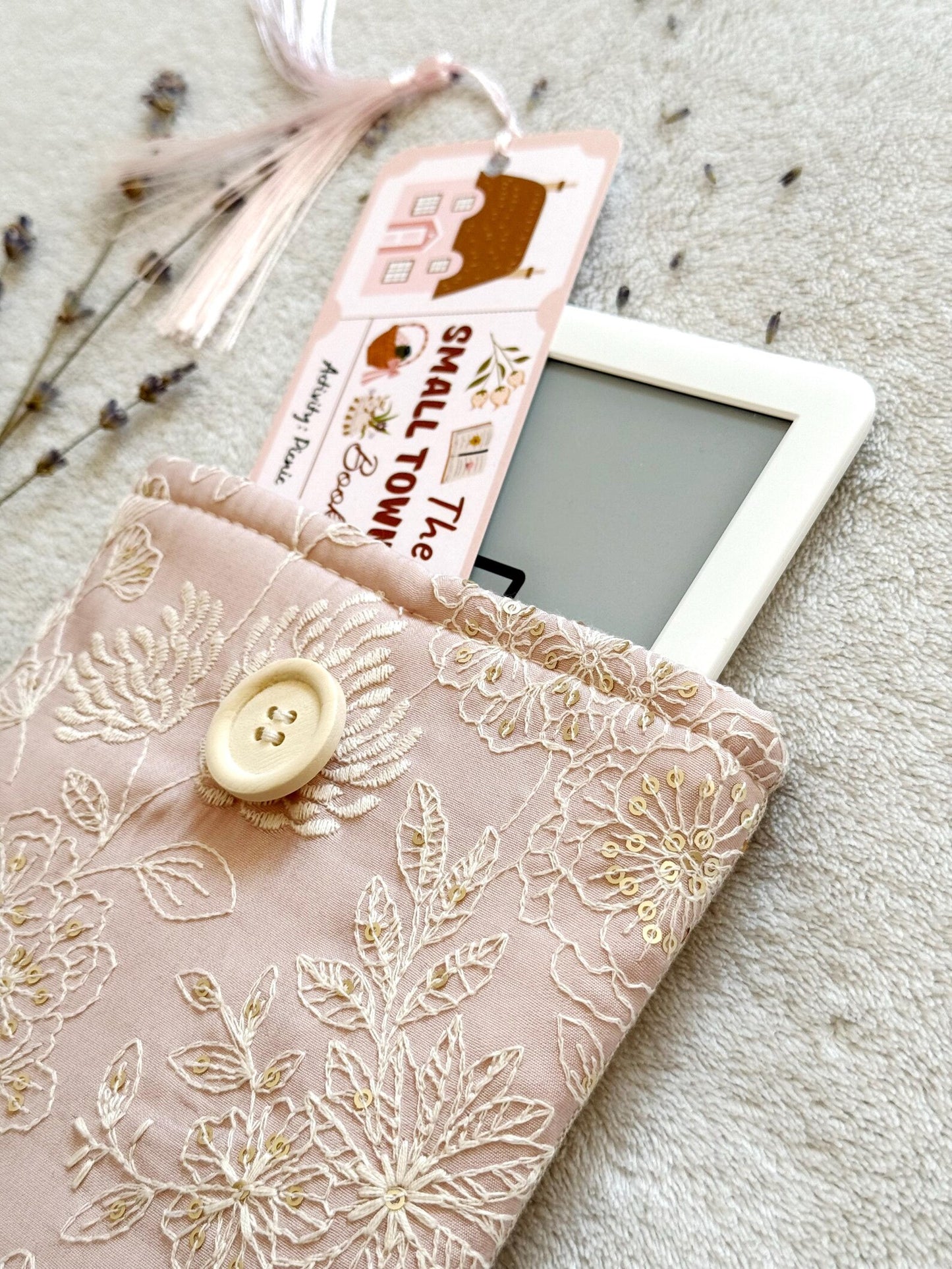 Embroidered Pink Delphinium E-Reader Sleeve