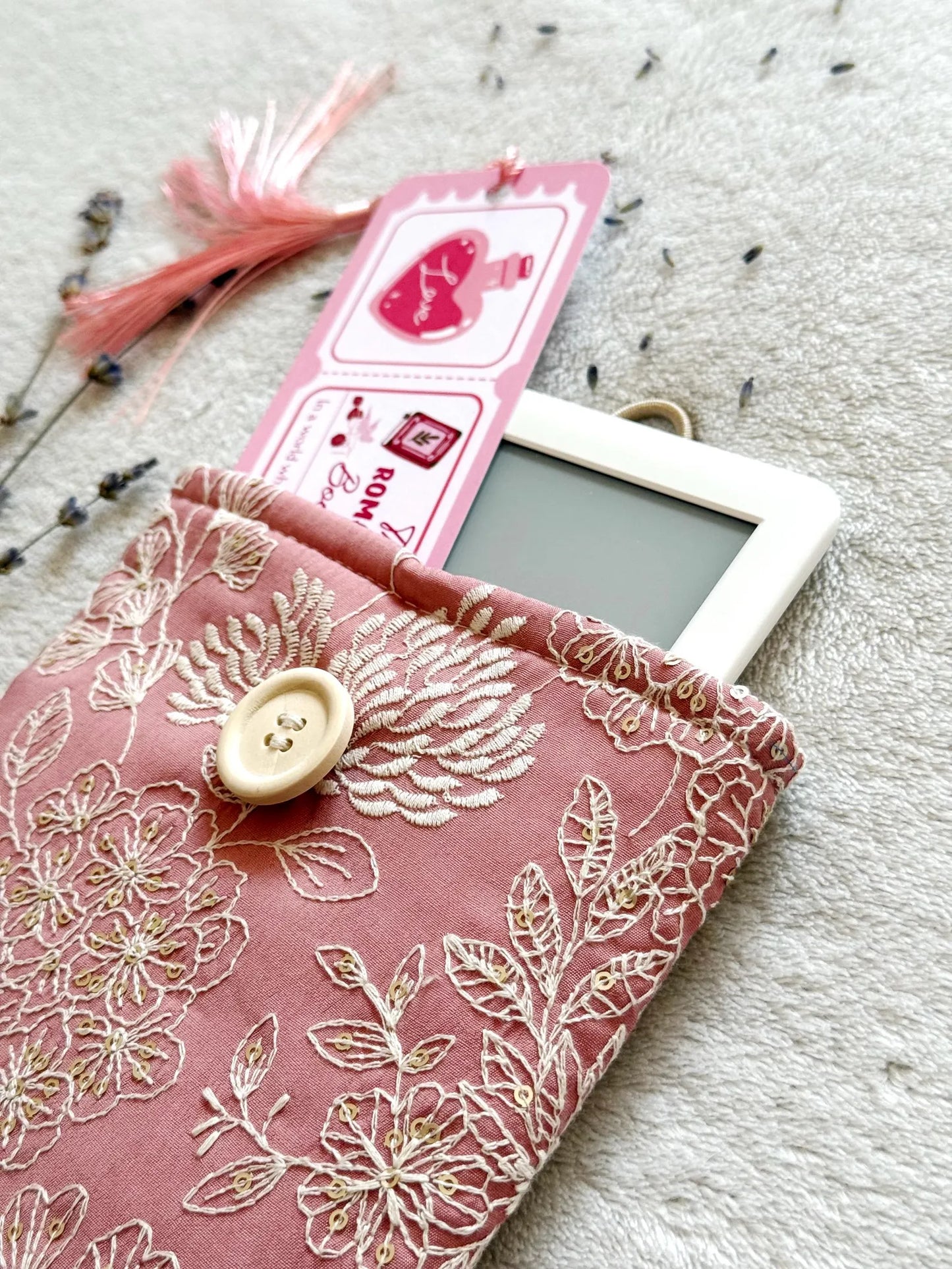 Embroidered Dark Pink Delphinium E-Reader Sleeve