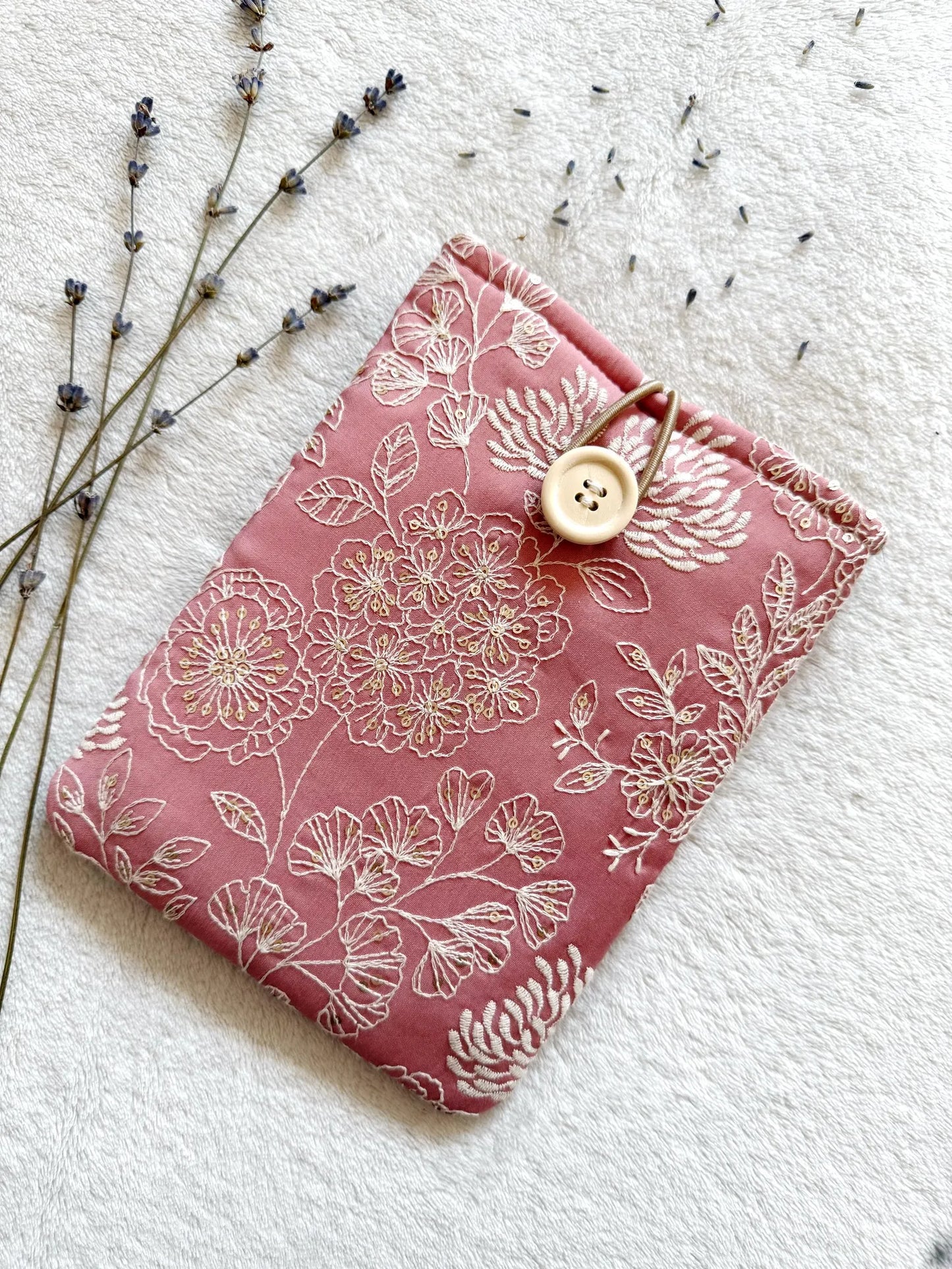 Embroidered Dark Pink Delphinium E-Reader Sleeve