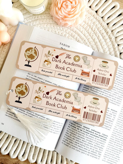 Dark Academia Book Club Ticket Bookmark with Tassel