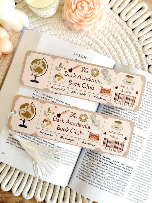 Dark Academia Book Club Ticket Bookmark with Tassel