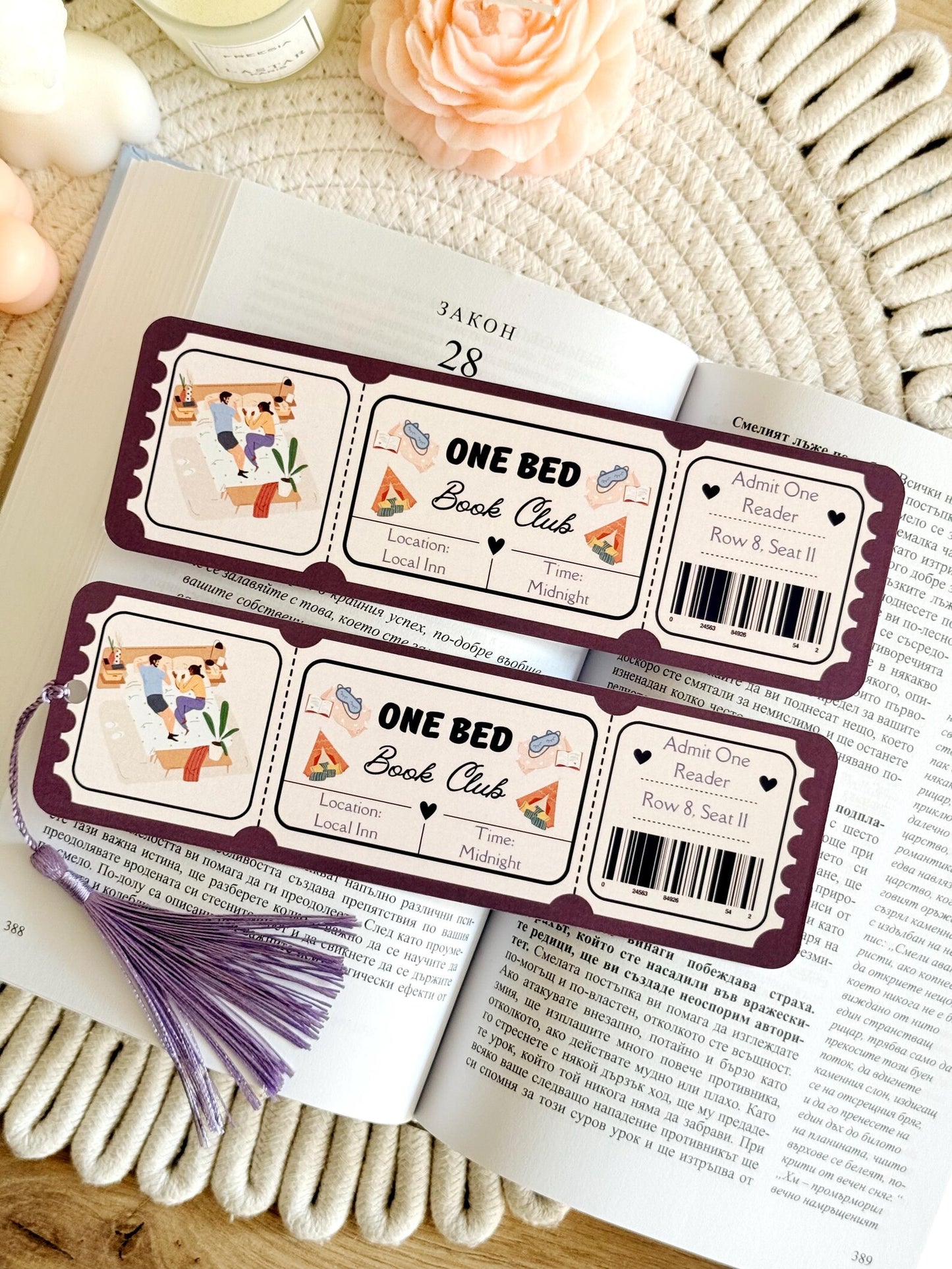 One Bed Book Club Ticket Bookmark with Tassel
