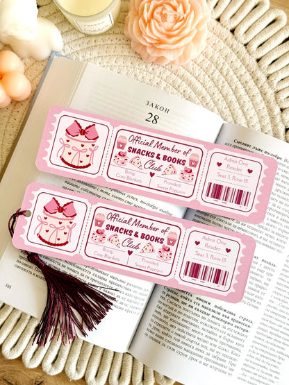 Books and Snacks Book Club Ticket Bookmark with Tassel