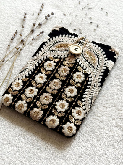 Embroidered Black Floral E-Reader Sleeve