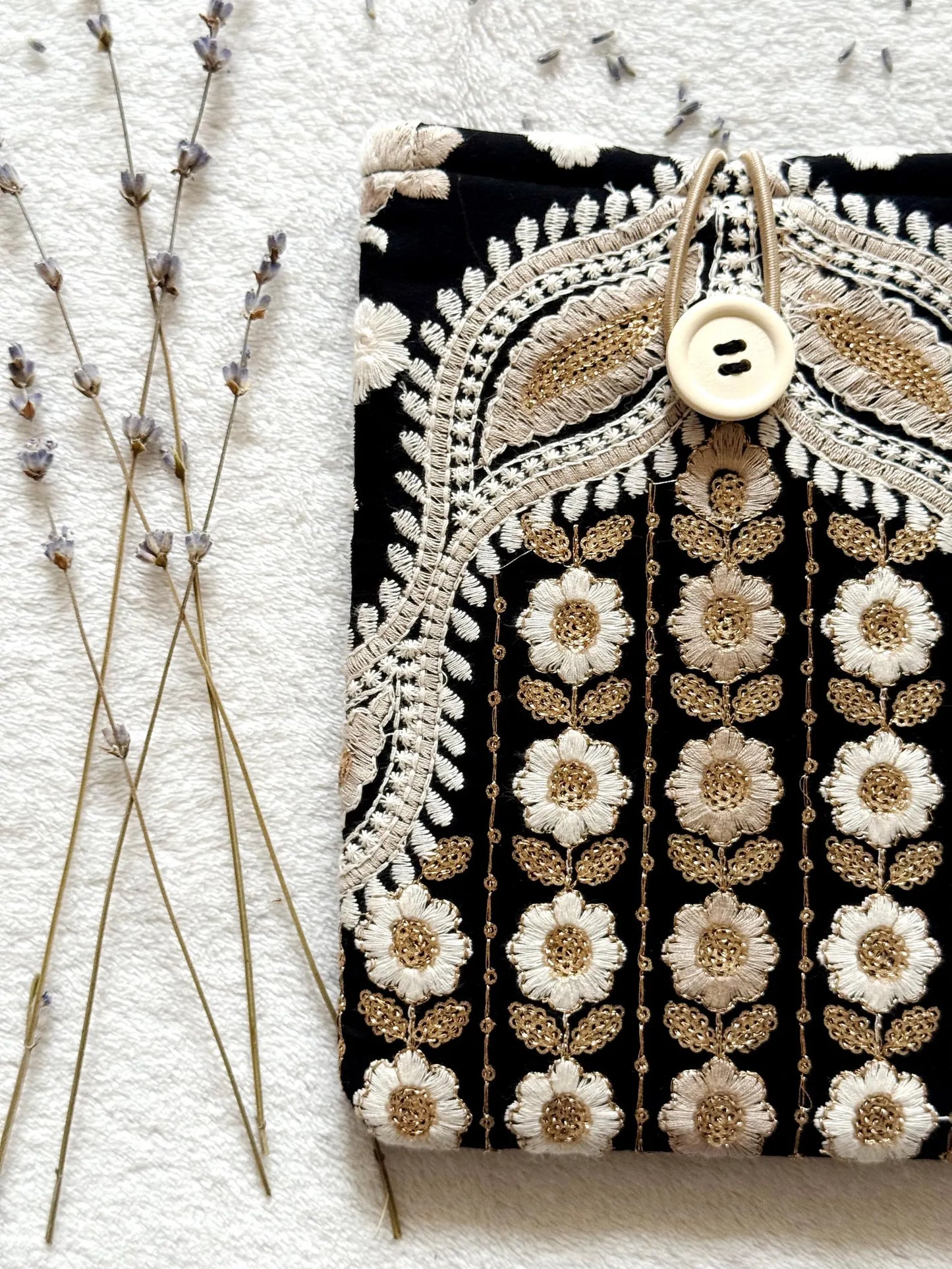 Embroidered Black Floral E-Reader Sleeve