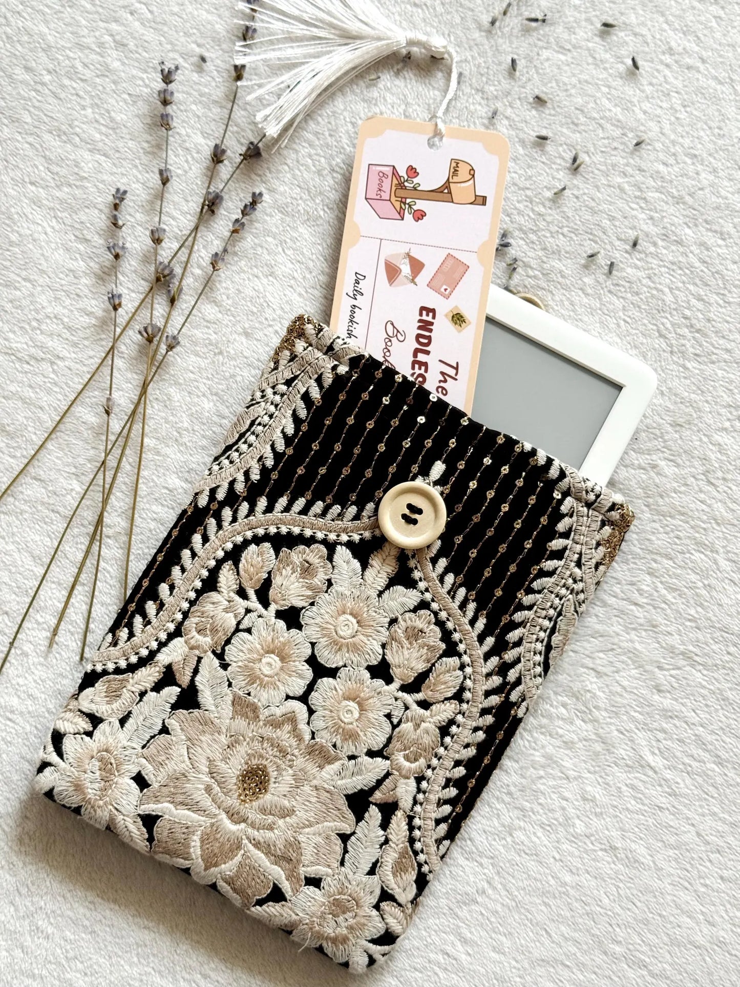 Embroidered Black Floral E-Reader Sleeve