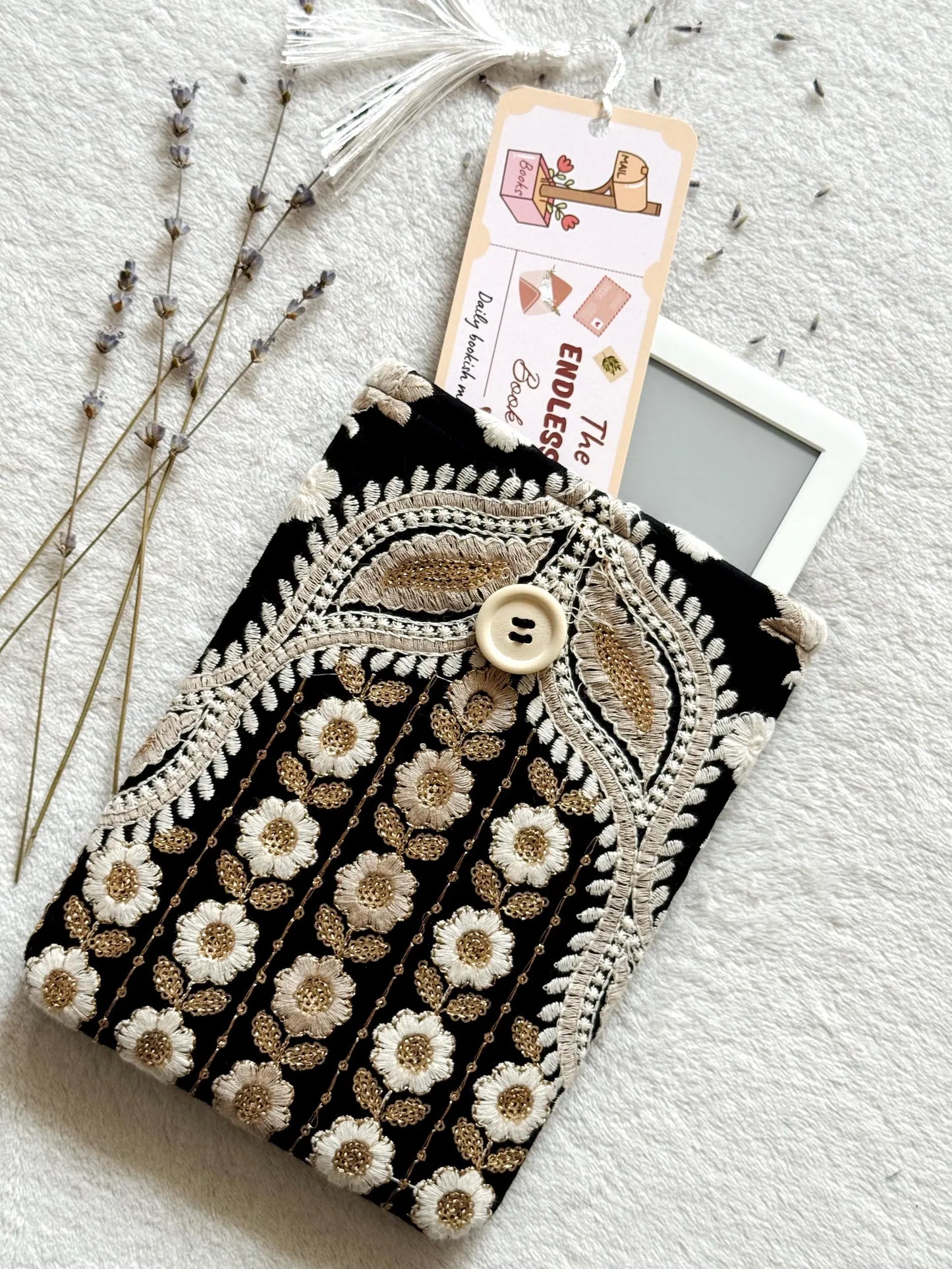 Embroidered Black Floral E-Reader Sleeve