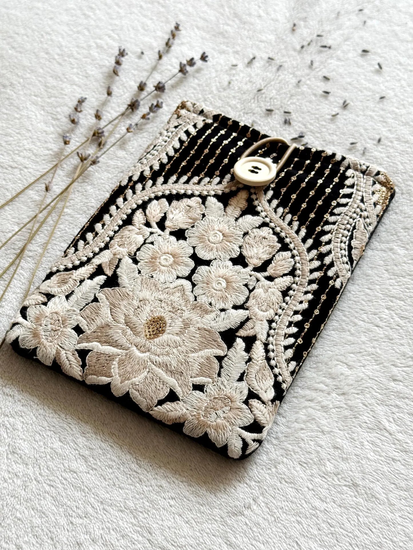 Embroidered Black Floral E-Reader Sleeve