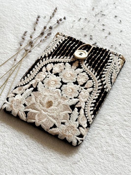 Embroidered Black Floral E-Reader Sleeve