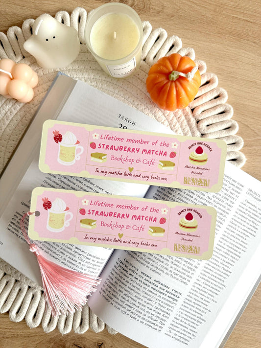Strawberry Matcha Book Club Ticket Bookmark with Tassel