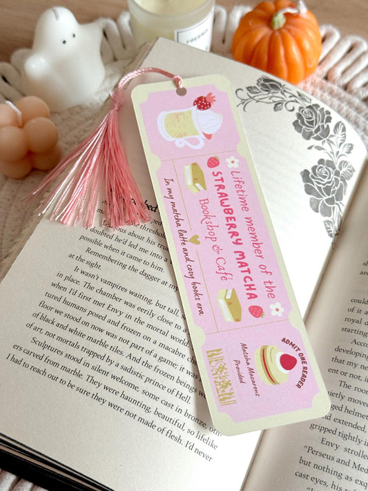 Strawberry Matcha Book Club Ticket Bookmark with Tassel